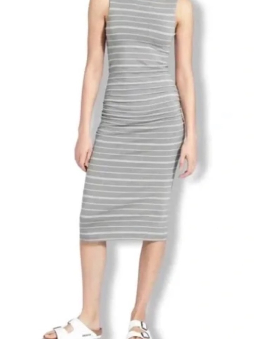 Athleta Comeback Grey & White Striped Sleeveless Midi Dress